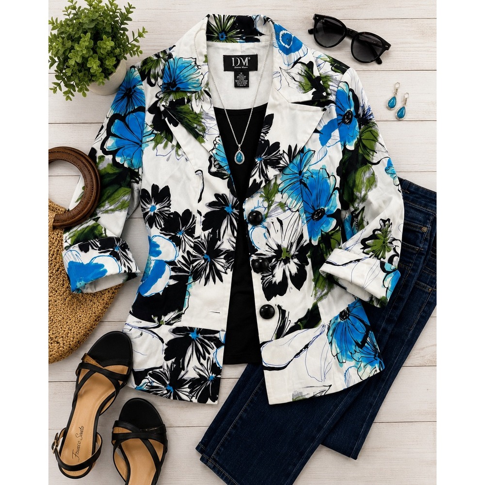 Donna Moore retro y2k Floral button Blazer 3/4 Sleeve Size M White Blue Green